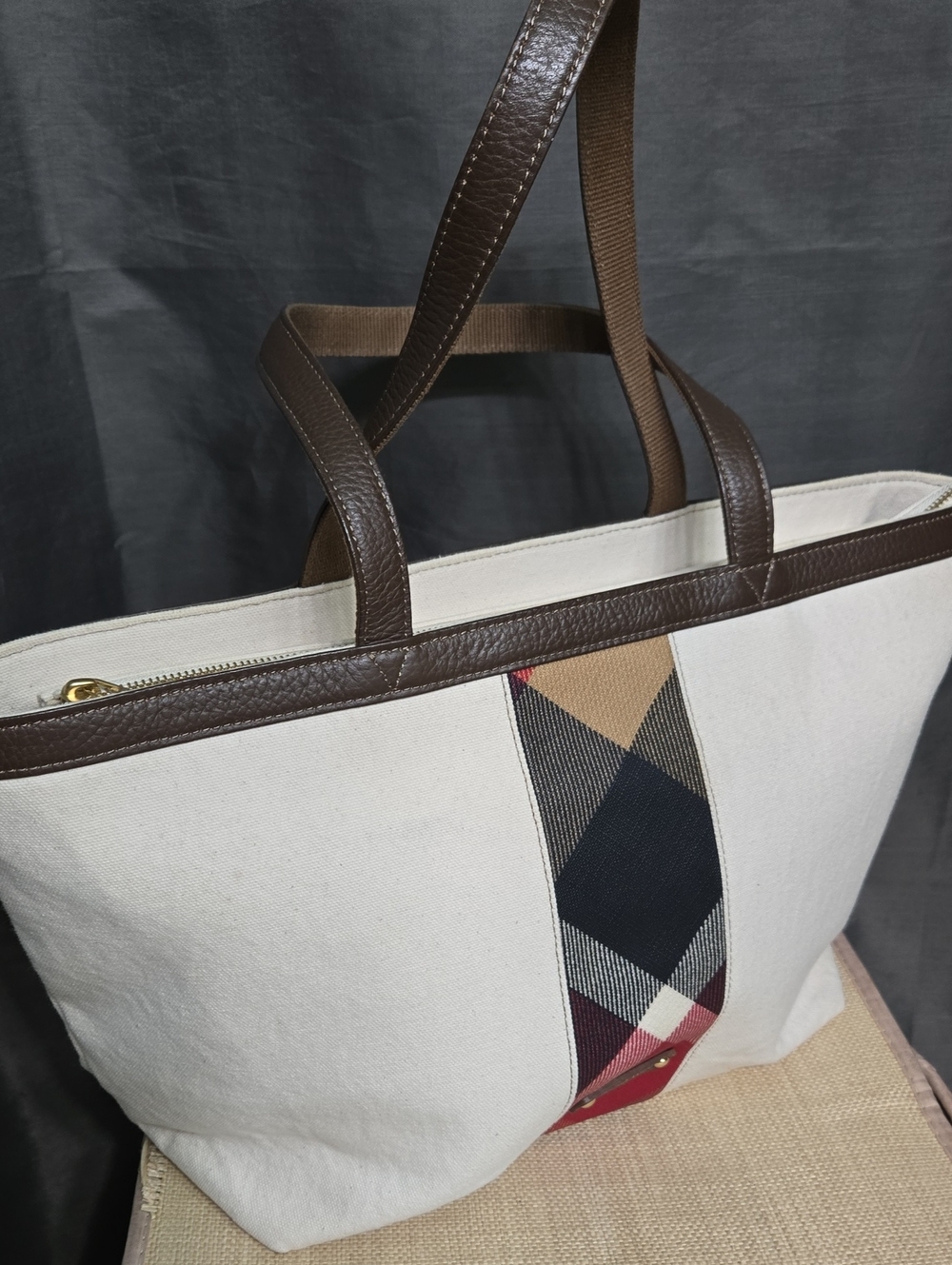 BURBERRY Blue Label Cream Canvas Tote with Brown Leather Trim and Plaid Stripe - Picture 16 of 17